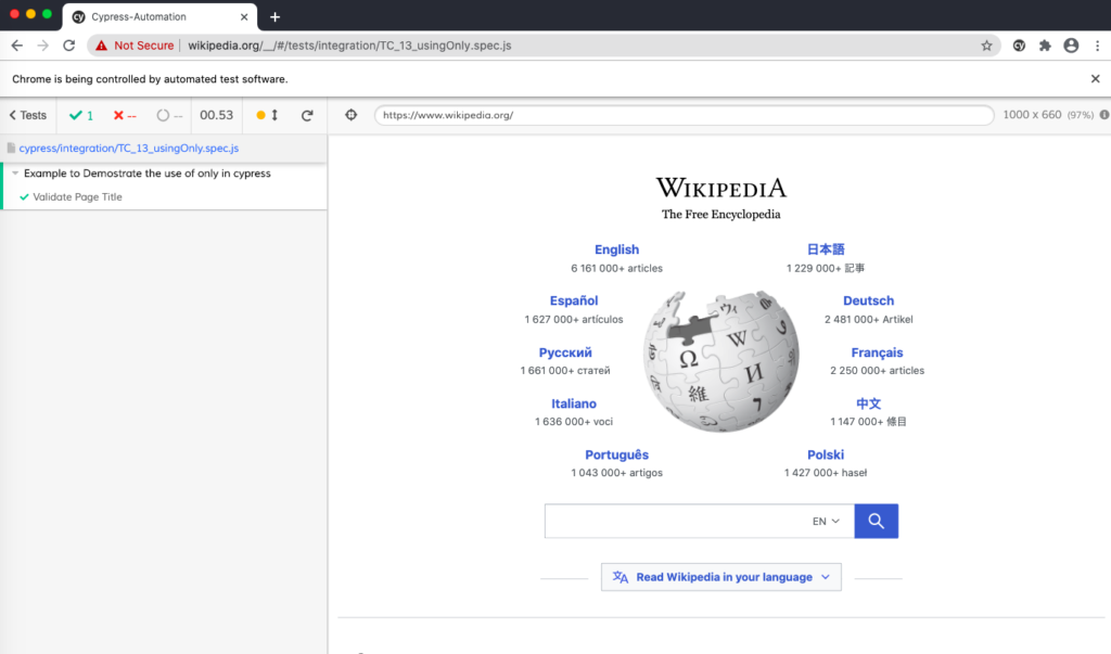 cypress only test execution