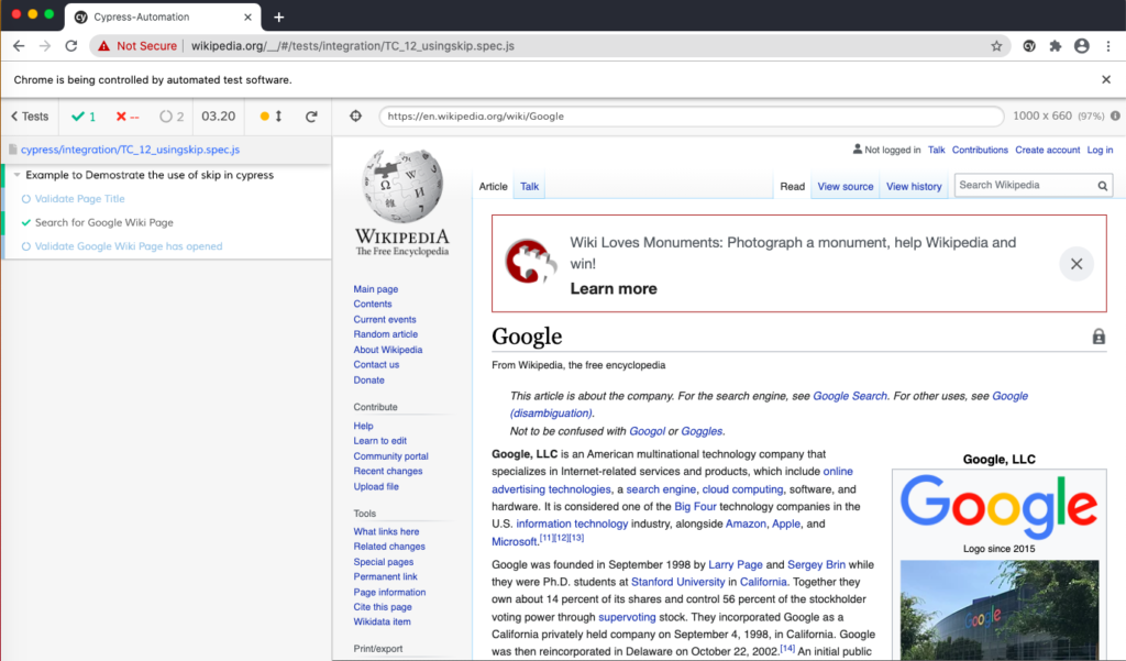 cypress skip test execution