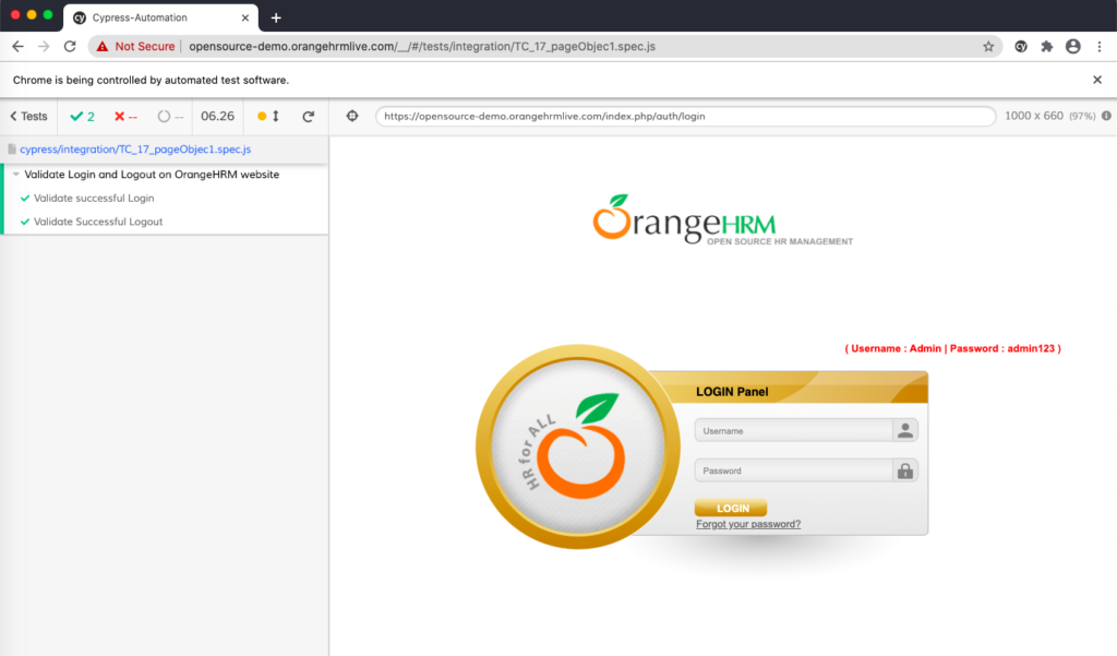 Cypress page object test execution