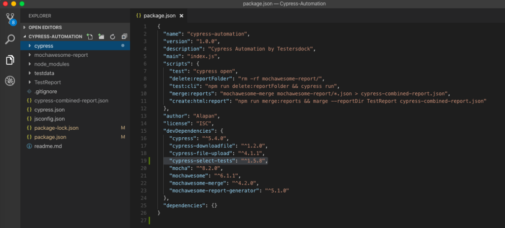 cypress select tests package json