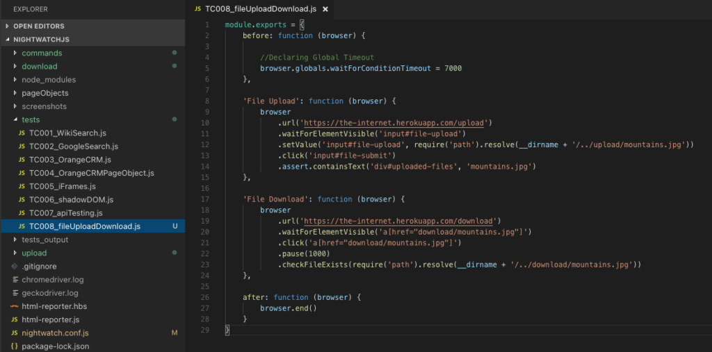 Nightwatch JS File upload download test script
