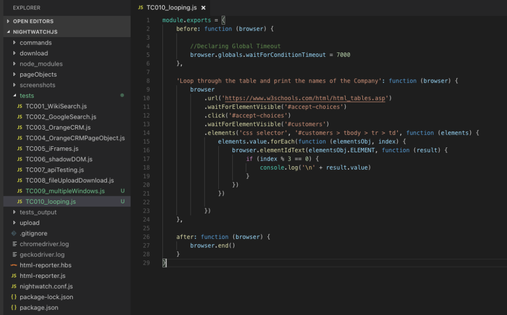 How to loop(iterate) over multiple elements in Nightwatch JS TestersDock