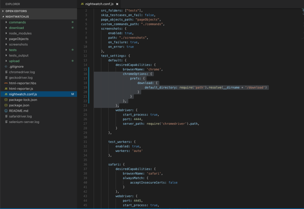 Nightwatch conf js file with path for download folder