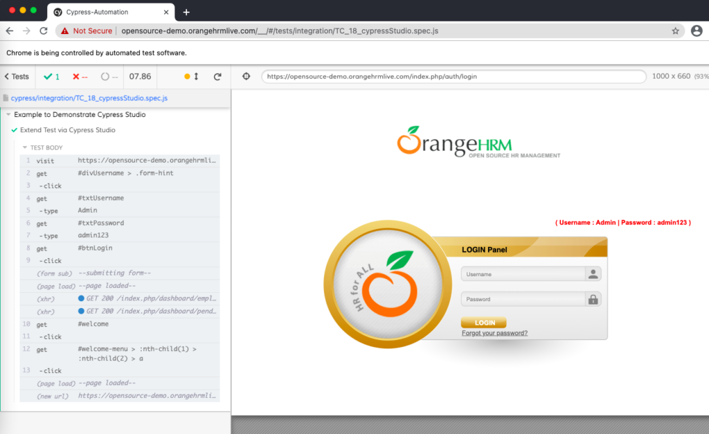 Successful Test Execution for cypress studio generated code