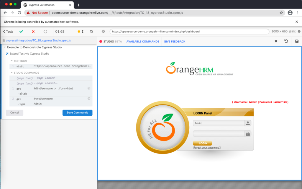 cypress studio click and write username