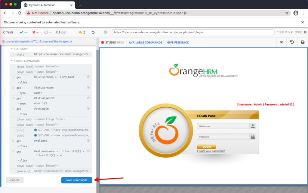 cypress studio save commands