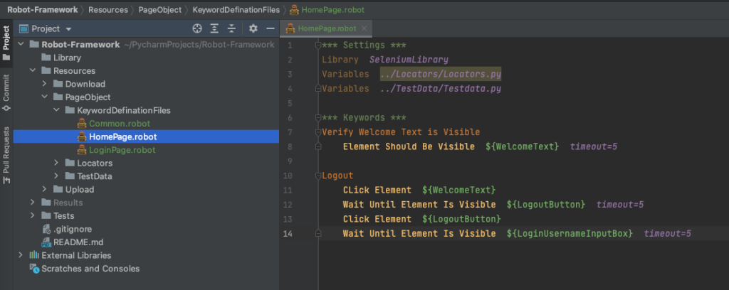 home page object file for robot framework