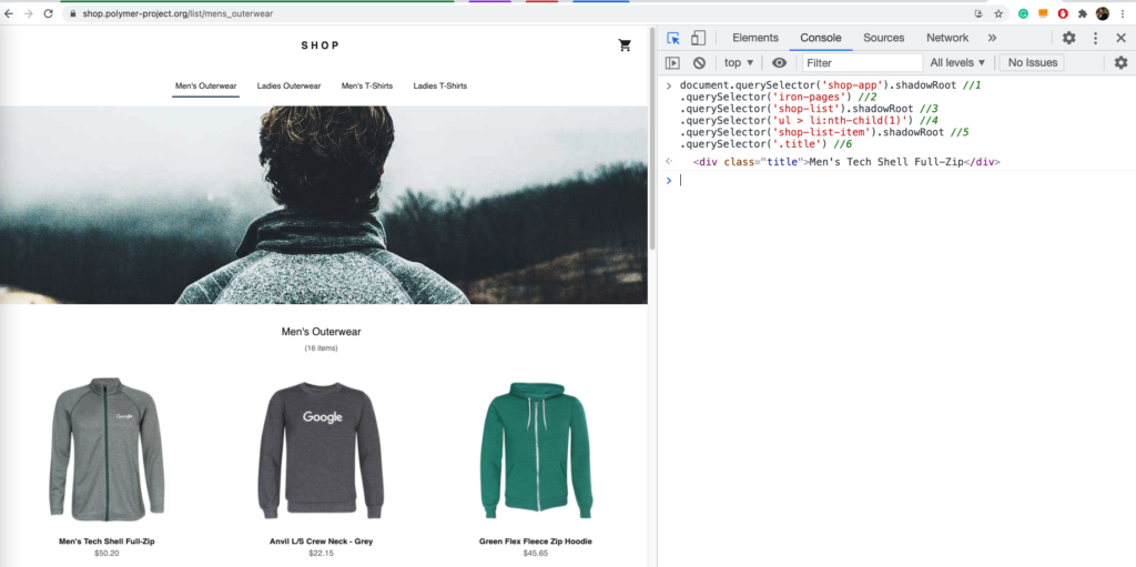 shadow dom query selector console output
