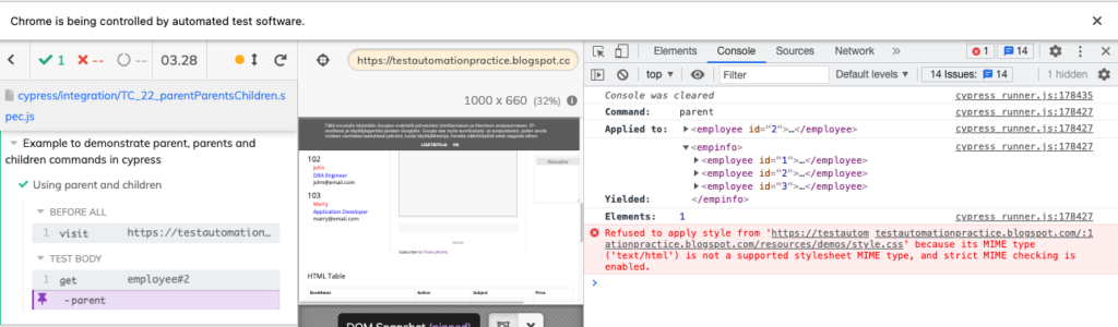DOM elements yielded by parent command