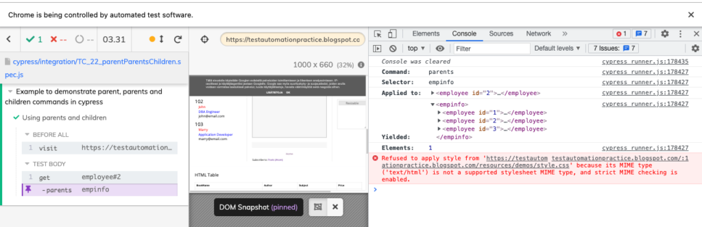 Dom element yielded by parent with selector command