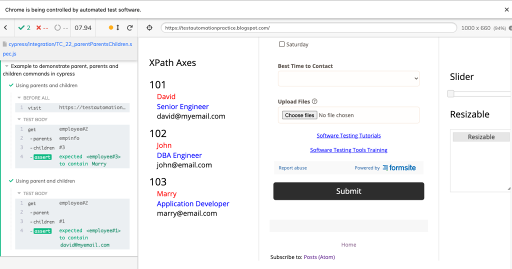 cypress dom traversal test script execution