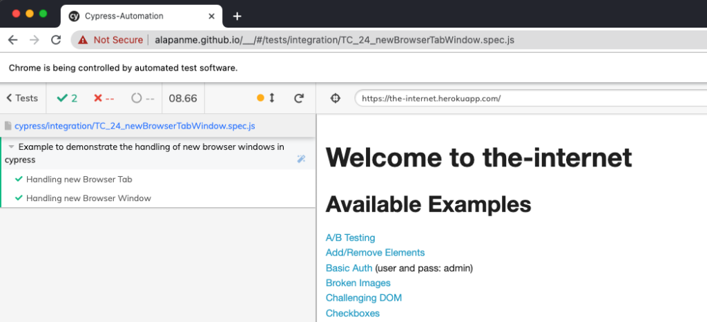 cypress new browser window tab test script execution