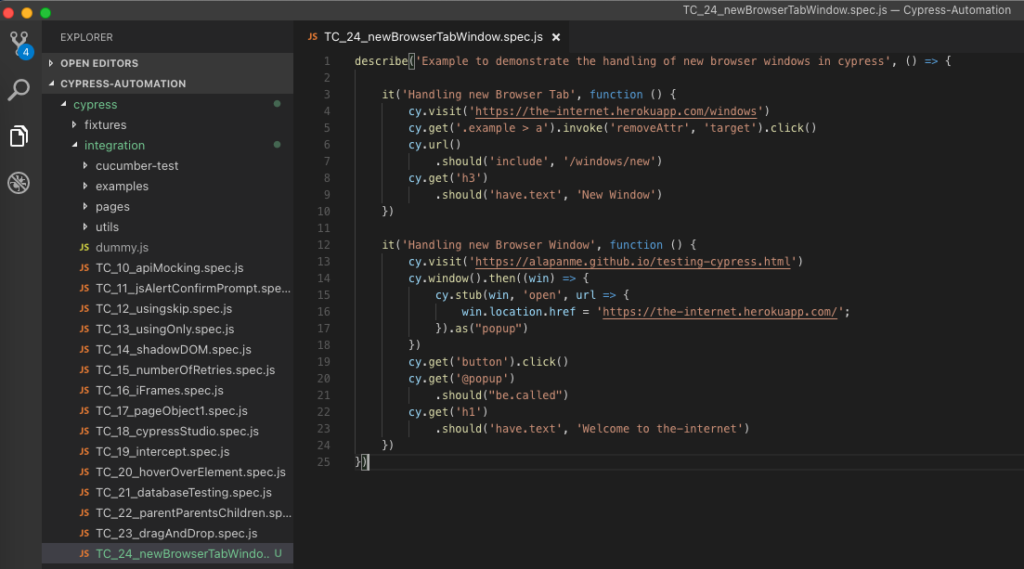 cypress new window and tabs test script