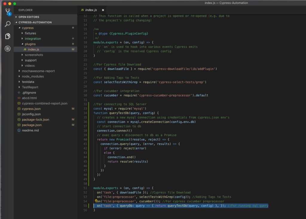 using cypress task plugin event run sql query